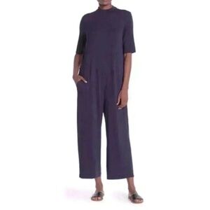 Eileen Fisher navy Blue jumpsuit pants 1pc jersey mock neck PL petite L wide leg